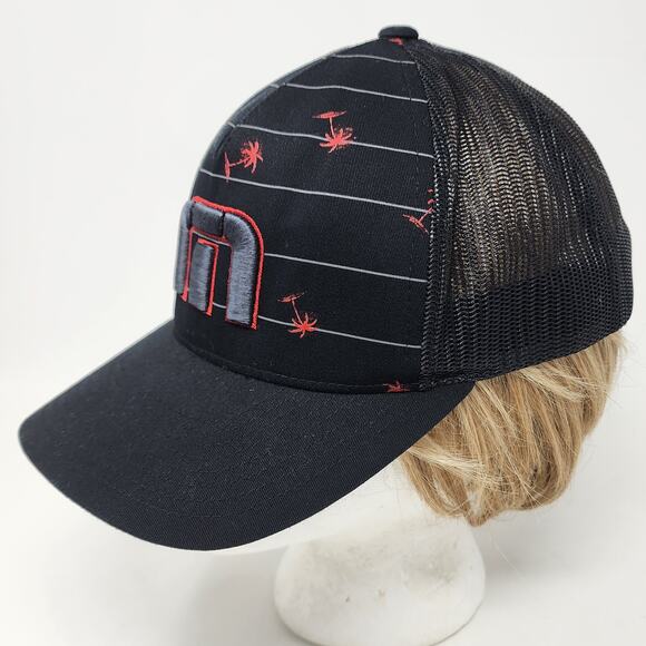 Travis Mathew Hat Men OS Palm Tree Logo Stripe Mesh Back Black Red Golf Snapback - Picture 2 of 9
